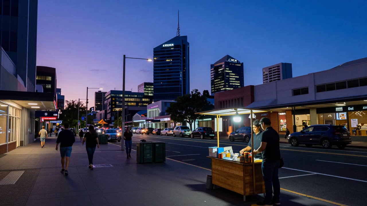 Street Scene in Perth at Indigo Twilight After Sunset in in Perth, Western Australia, Australia