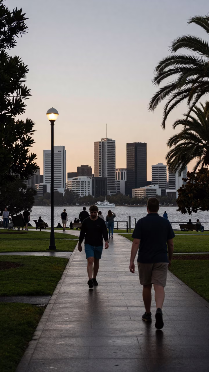 Street Scene in Perth at Nautical Dawn Light in in Perth, Western Australia, Australia