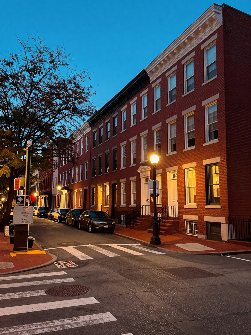 Street Scene in Philadelphia at As City Lights Begin To Glow in in Philadelphia, Pennsylvania, United States