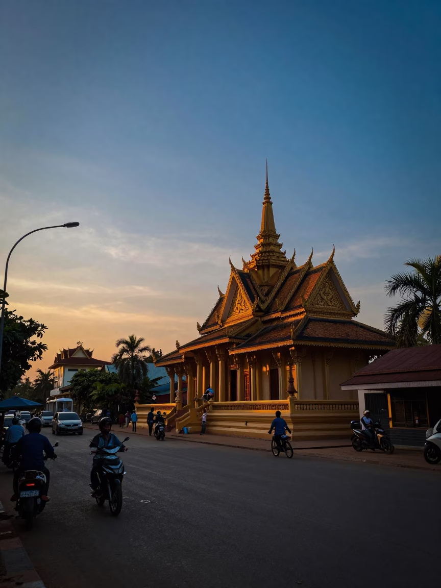 Street Scene in Phnom Penh at As The Sun Drops Toward The Horizon in in Phnom Penh, Cambodia