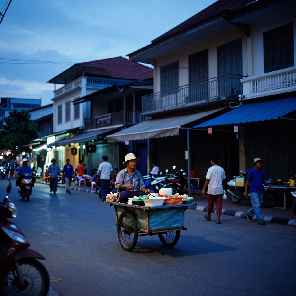 Street Scene in Phnom Penh at Blue Hour in in Phnom Penh, Cambodia