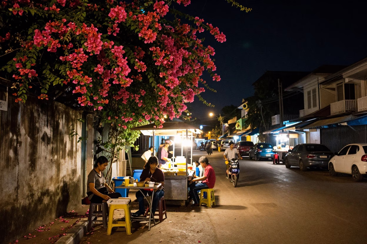 Street Scene in Phnom Penh at Deep In The Night Light in in Phnom Penh, Cambodia