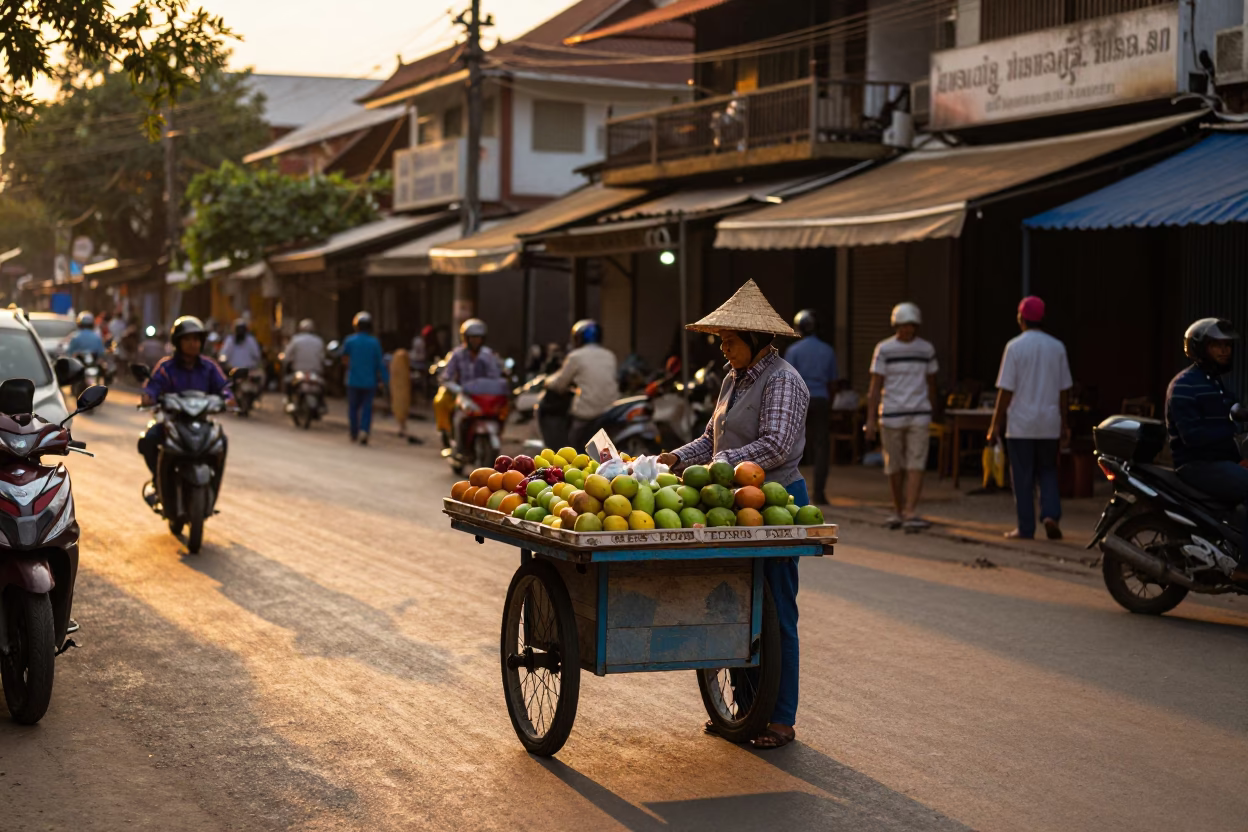 Street Scene in Phnom Penh at Golden Hour in in Phnom Penh, Cambodia
