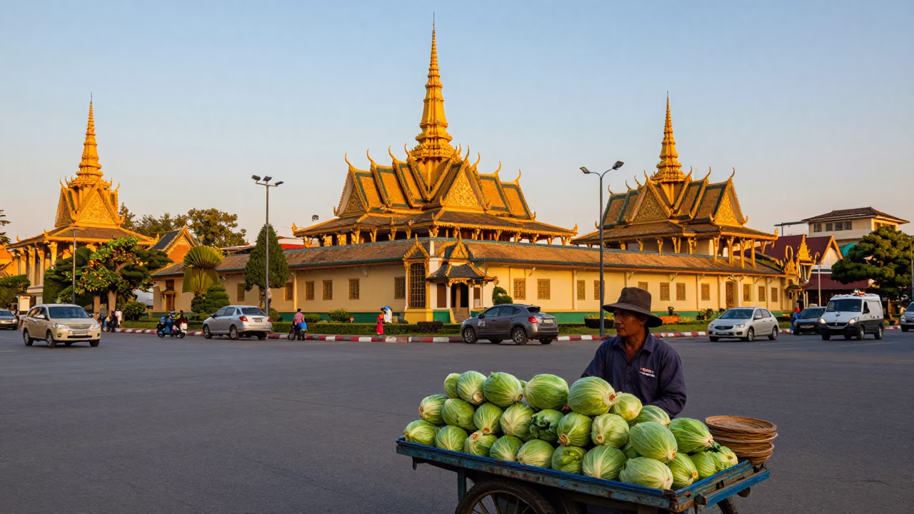 Street Scene in Phnom Penh at Honeyed Evening Light in in Phnom Penh, Cambodia
