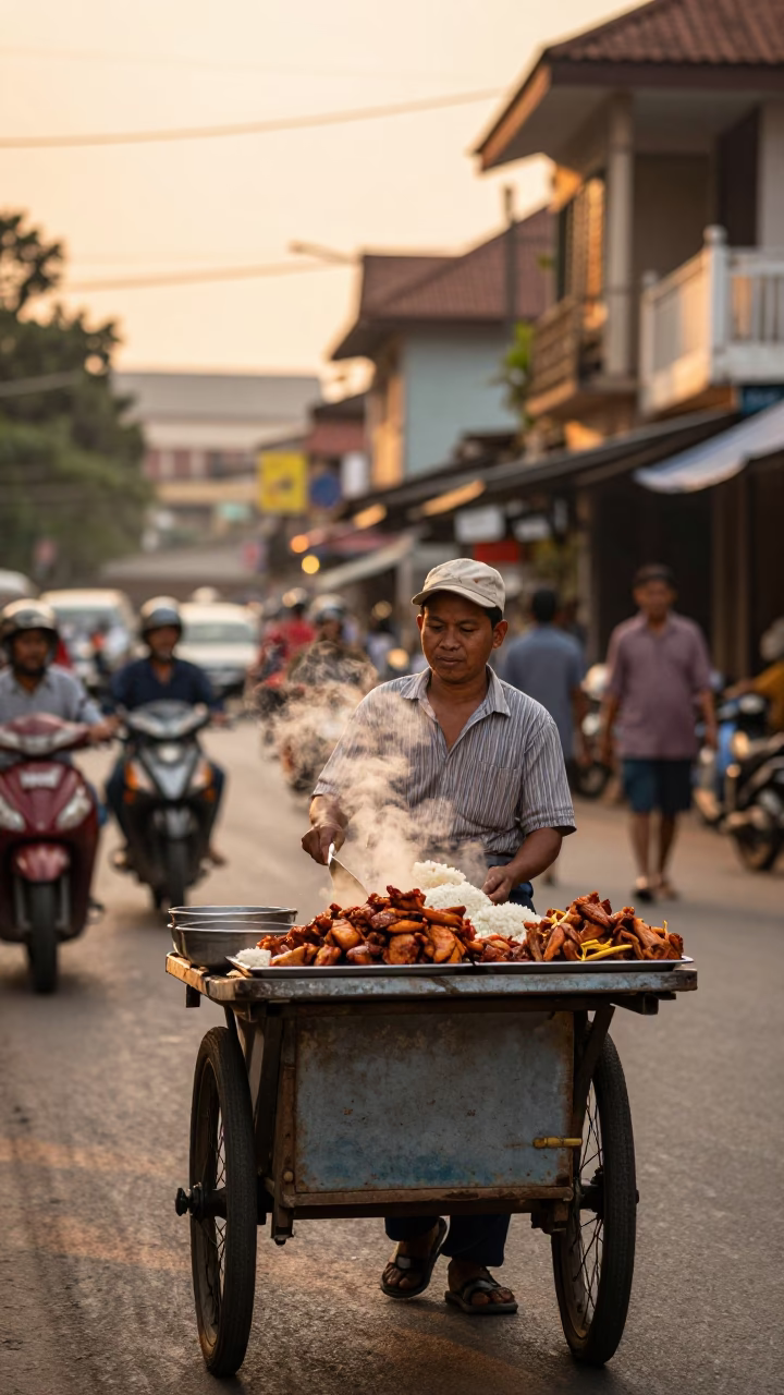 Street Scene in Phnom Penh at Honeyed Evening Light in in Phnom Penh, Cambodia