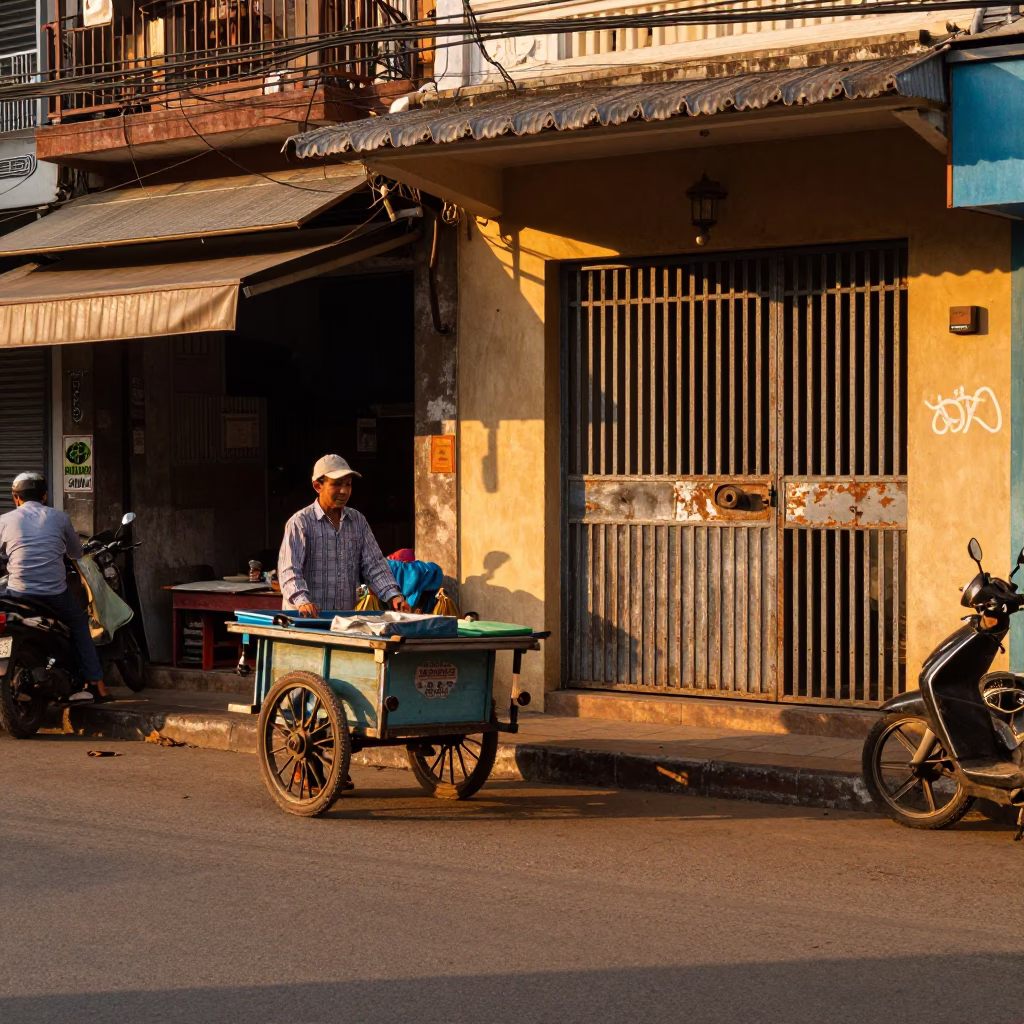 Street Scene in Phnom Penh at Honeyed Evening Light in in Phnom Penh, Cambodia