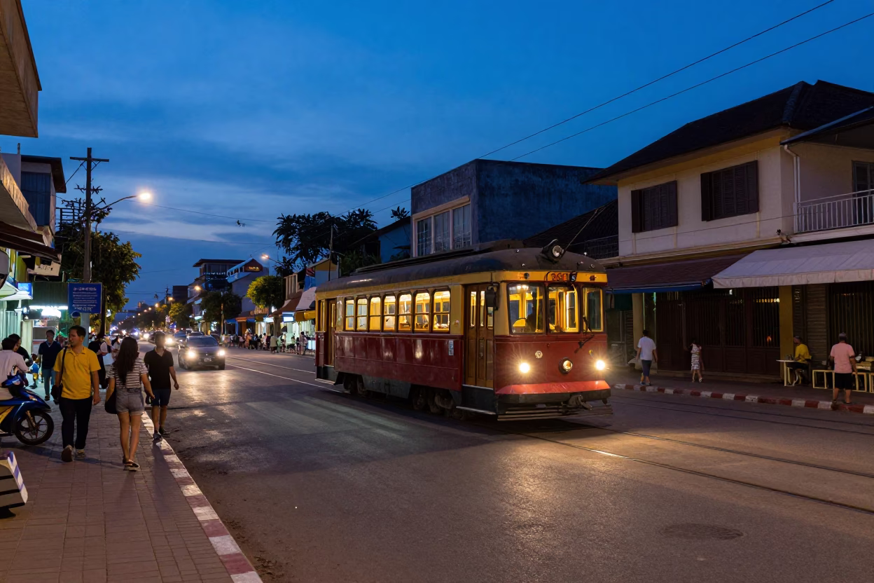 Street Scene in Phnom Penh at Indigo Twilight After Sunset in in Phnom Penh, Cambodia
