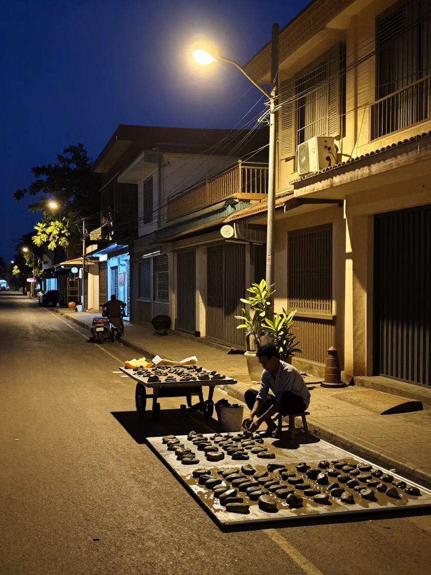 Street Scene in Phnom Penh at Midnight Light in in Phnom Penh, Cambodia