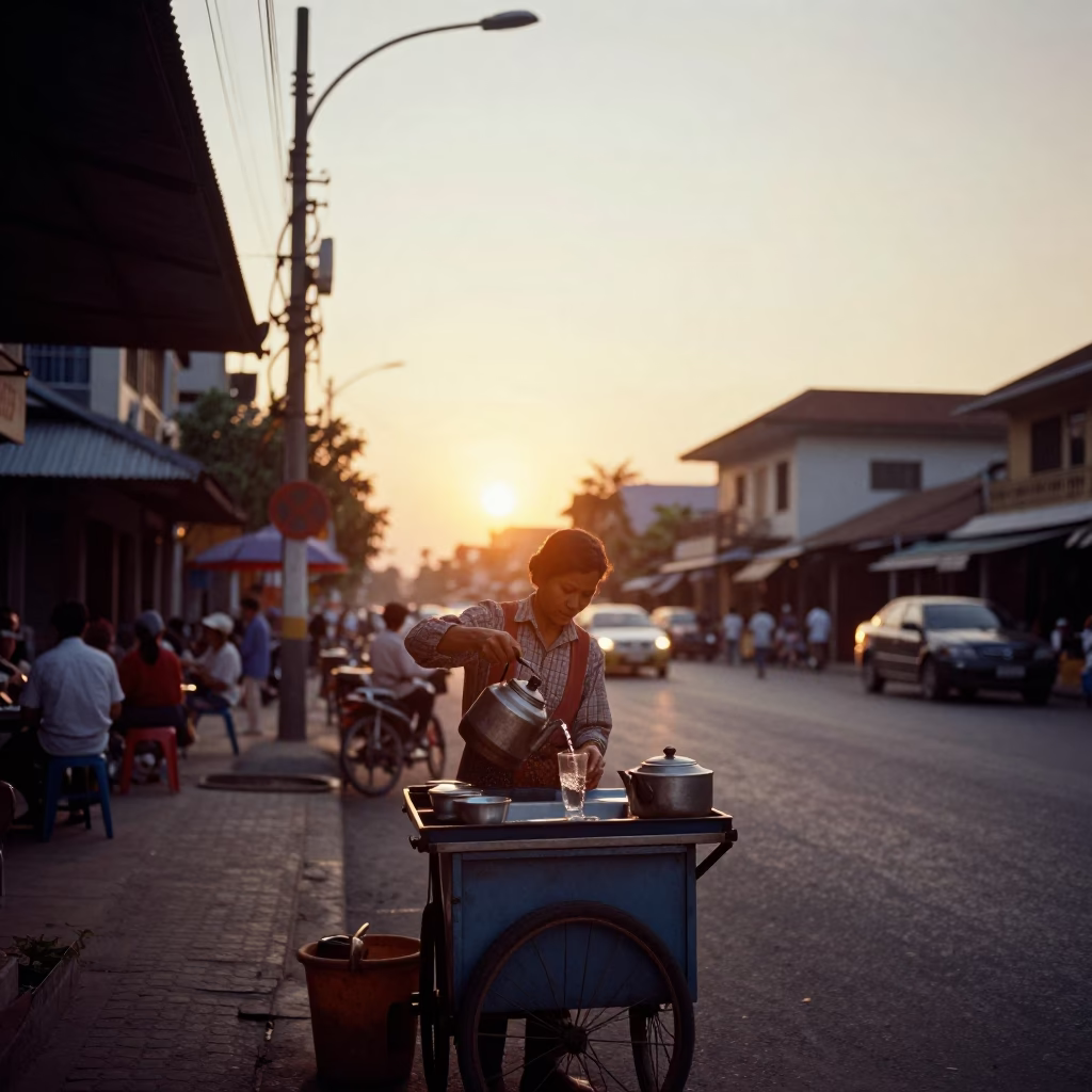 Street Scene in Phnom Penh at Sunset Light in in Phnom Penh, Cambodia