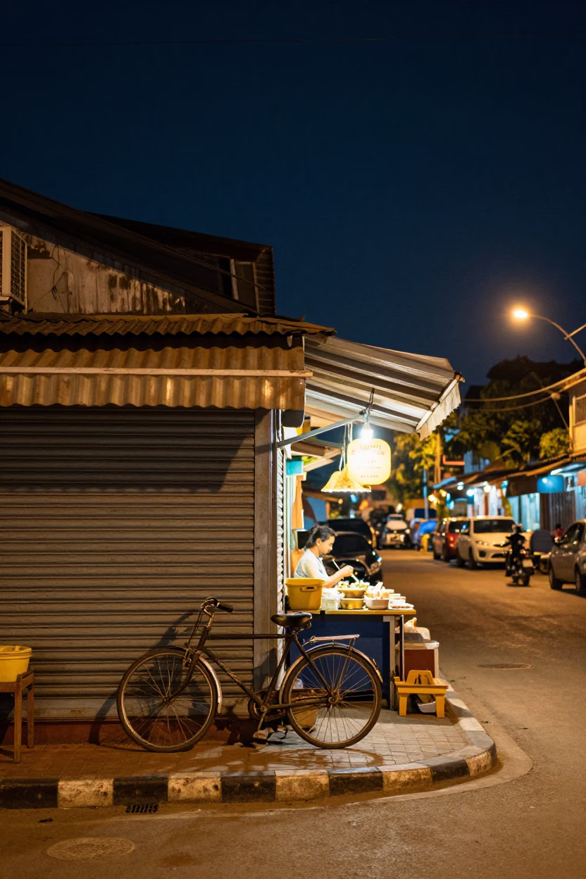 Street Scene in Phnom Penh at The Deepest Night Sky Light in in Phnom Penh, Cambodia