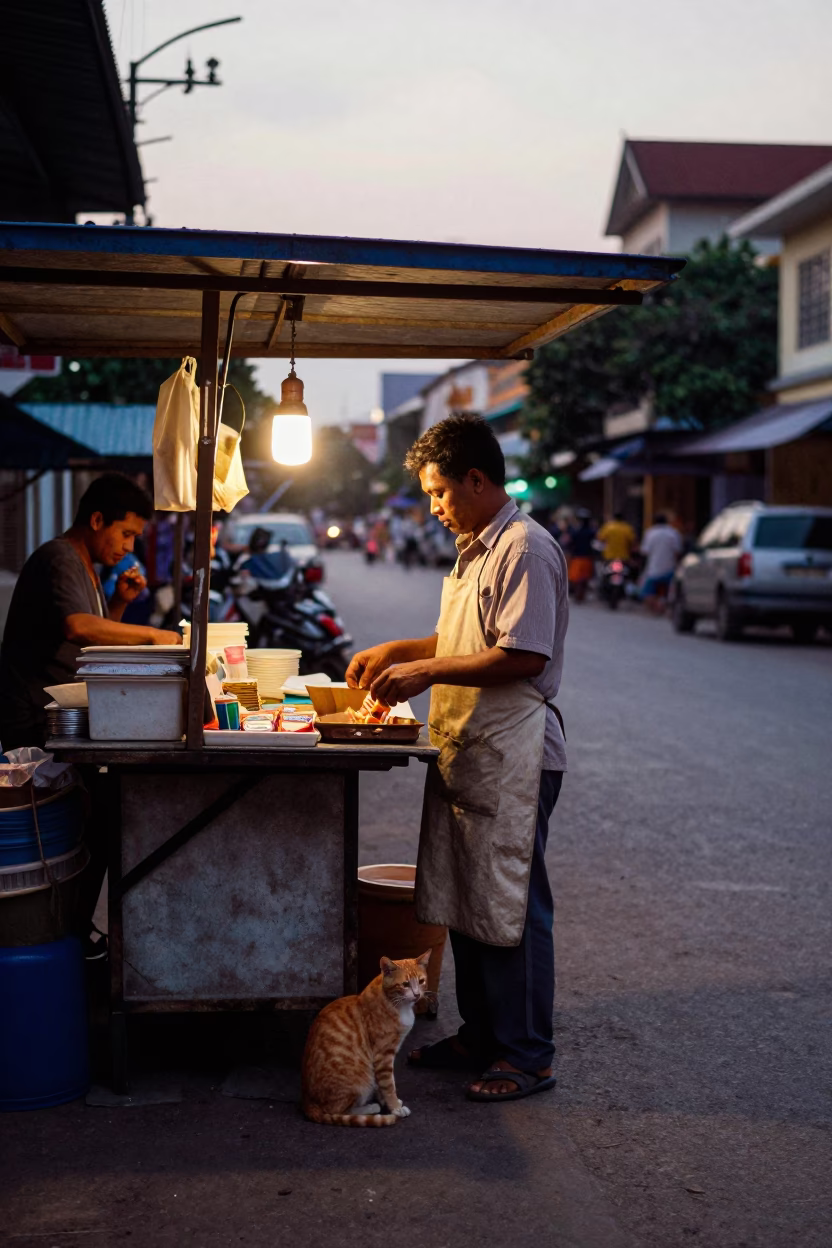 Street Scene in Phnom Penh at The Early Evening Light in in Phnom Penh, Cambodia