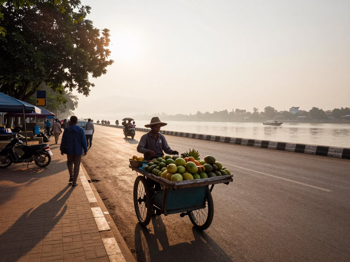 Street Scene in Phnom Penh at The Early Morning Light in in Phnom Penh, Cambodia