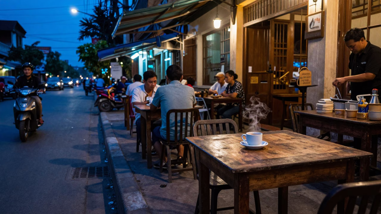 Street Scene in Phnom Penh at The Last Blue Light Of Evening in in Phnom Penh, Cambodia