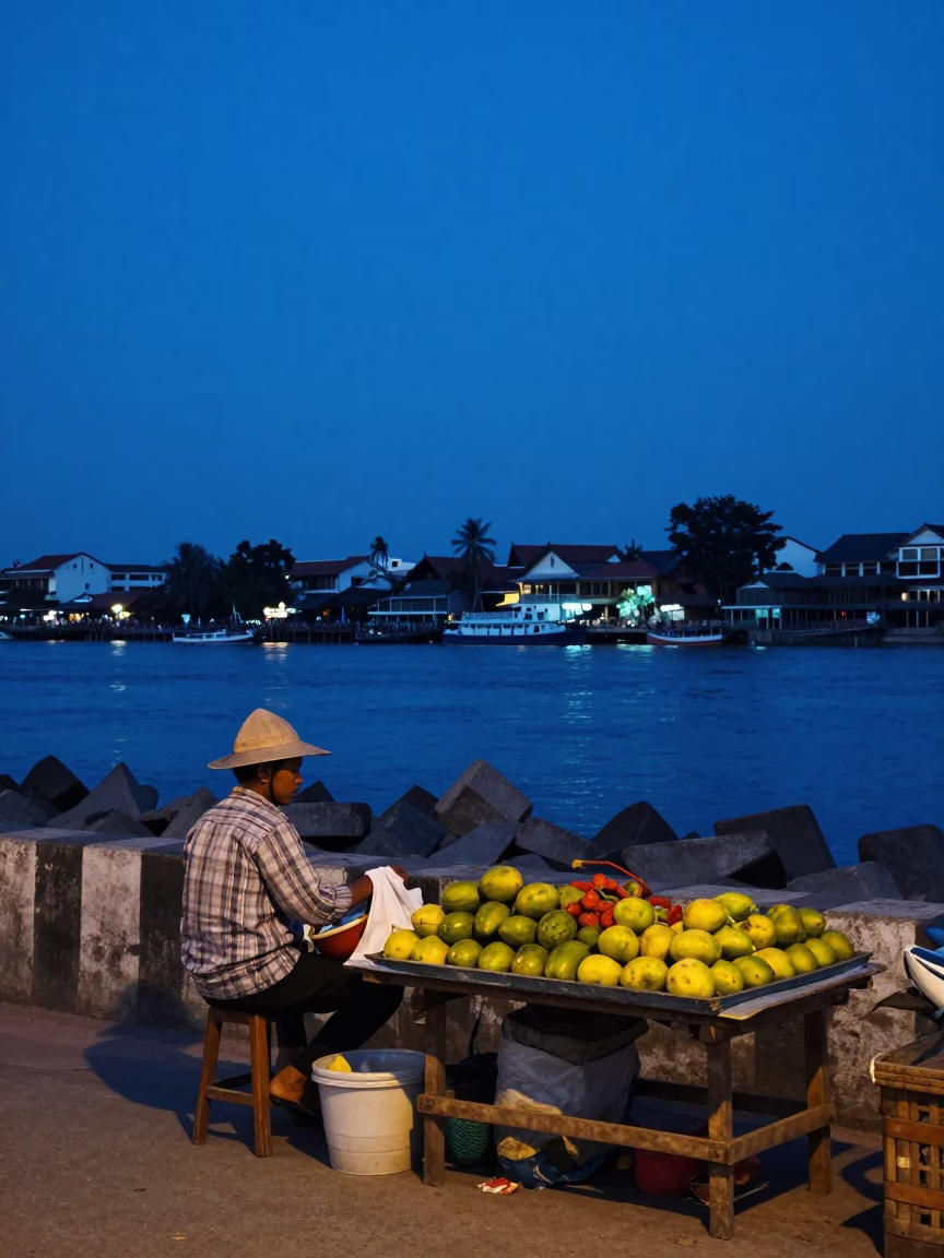 Street Scene in Phnom Penh at Twilight in in Phnom Penh, Cambodia
