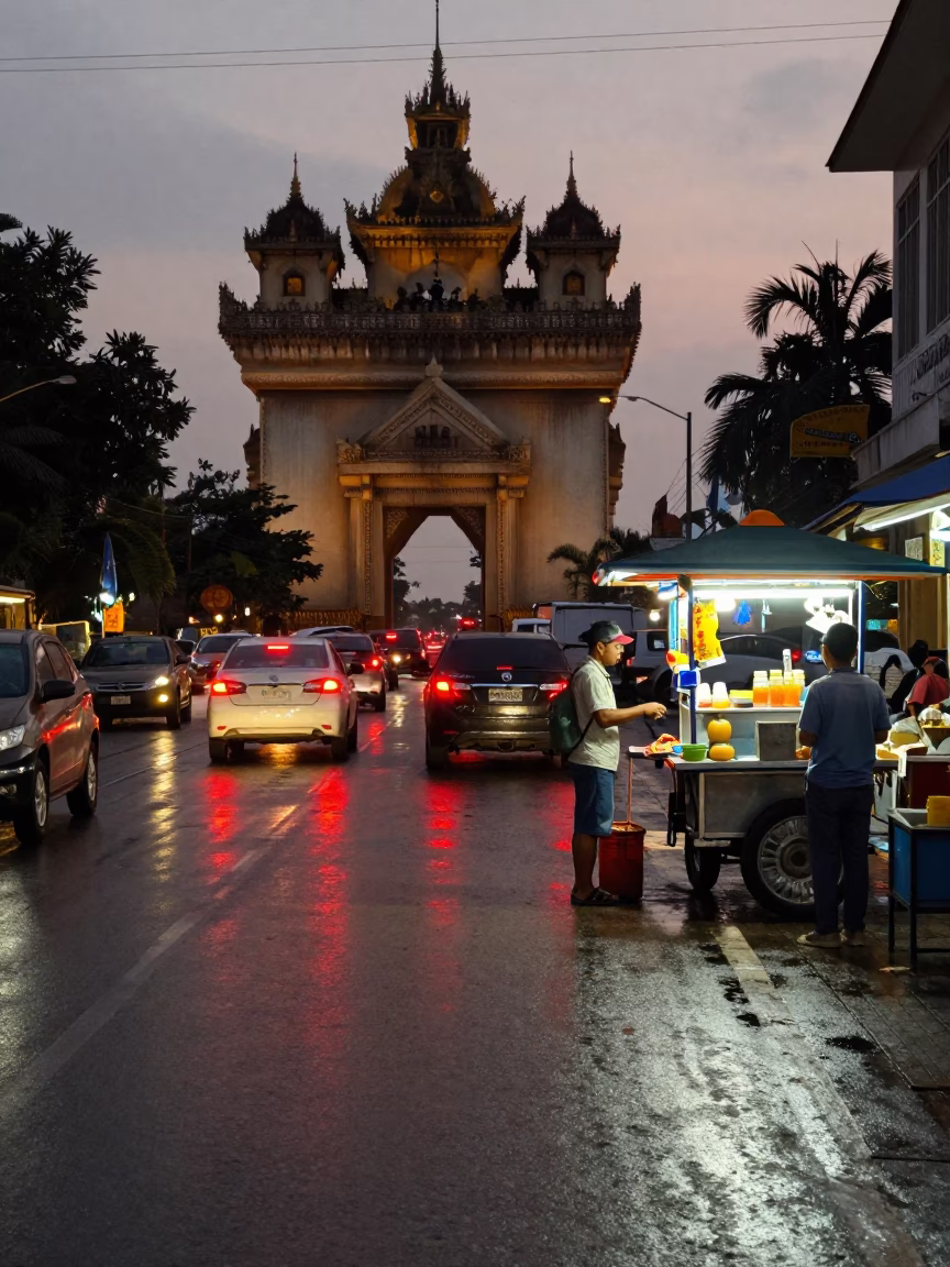 Street Scene in Phnom Penh at Twilight in in Phnom Penh, Cambodia