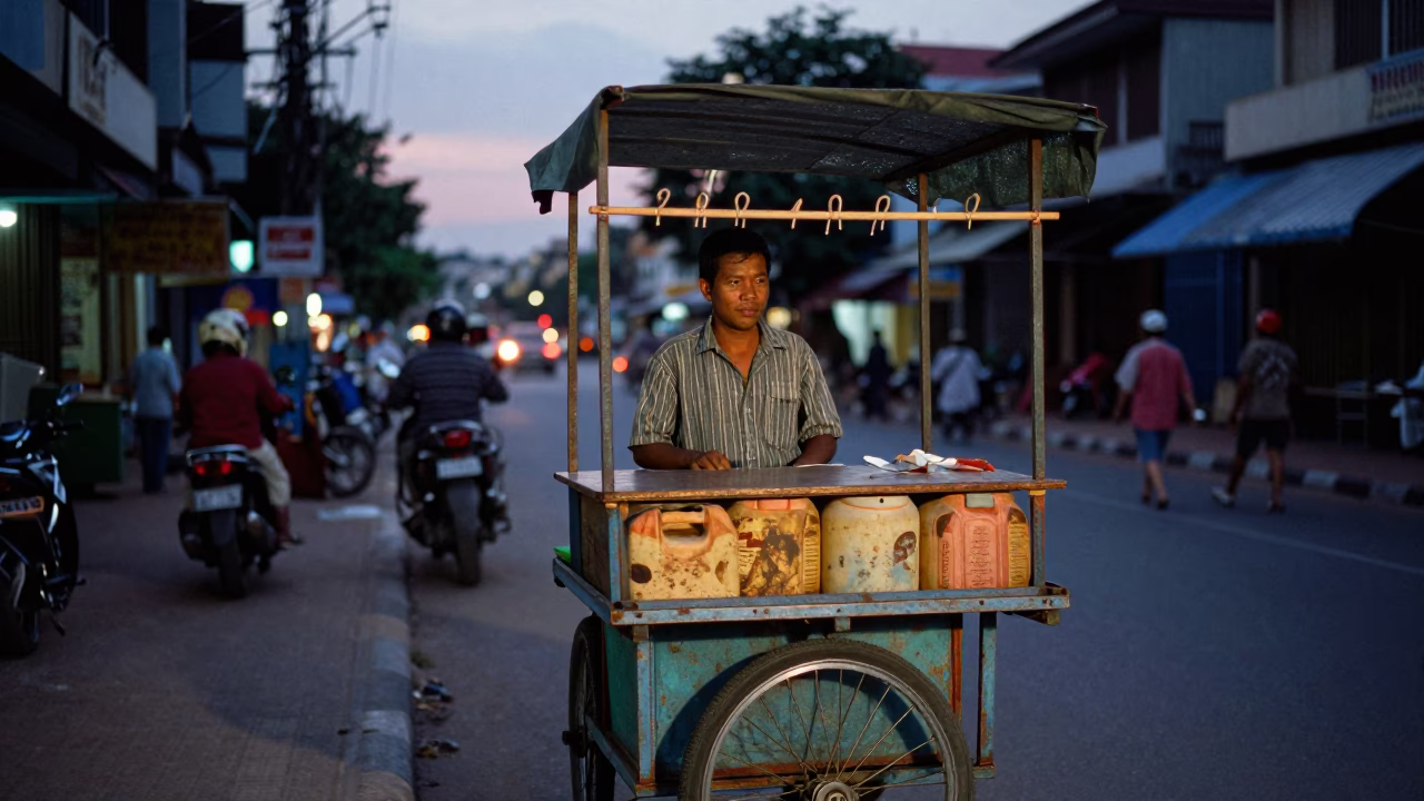 Street Scene in Phnom Penh at Twilight in in Phnom Penh, Cambodia