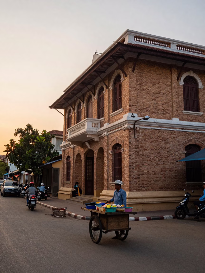 Street Scene in Phnom Penh Cambodia at Sunset with Local Vendor and Urban Life in in Phnom Penh, Cambodia