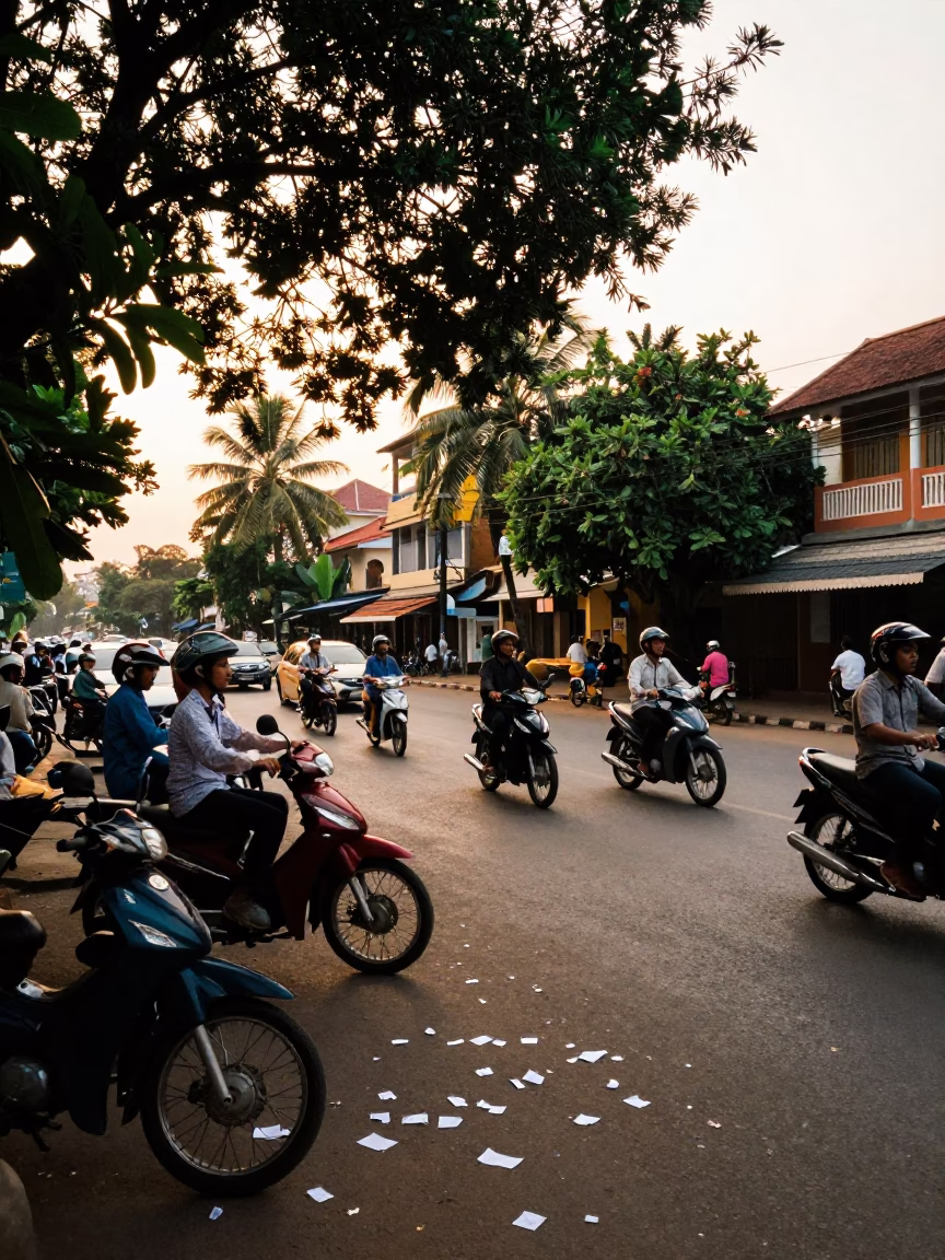 Street Scene in Phnom Penh Cambodia Late Afternoon with Motorbikes and Paper Lanterns in in Phnom Penh, Cambodia
