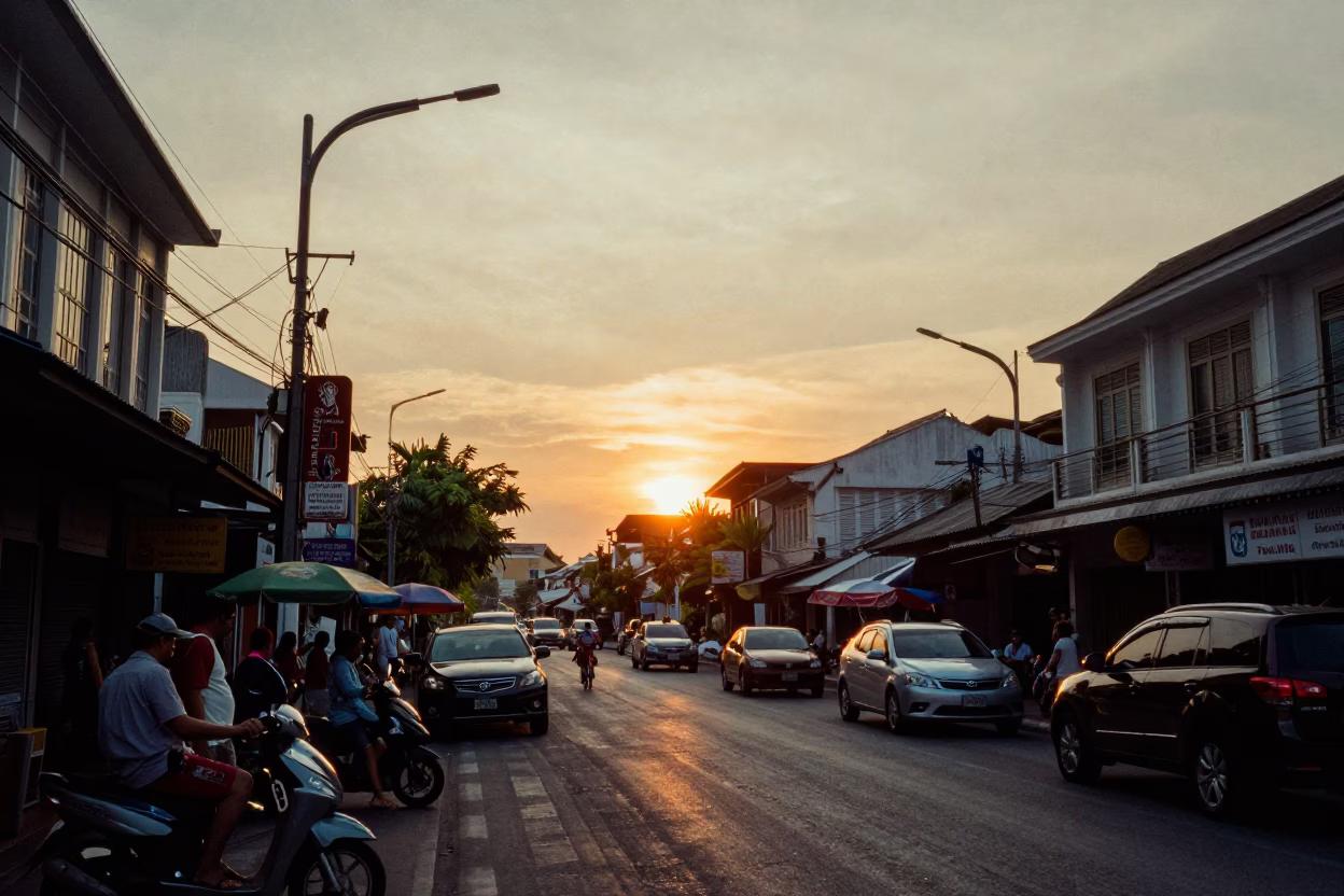 Street Scene in Phuket at As The Sun Drops Toward The Horizon in in Phuket, Thailand