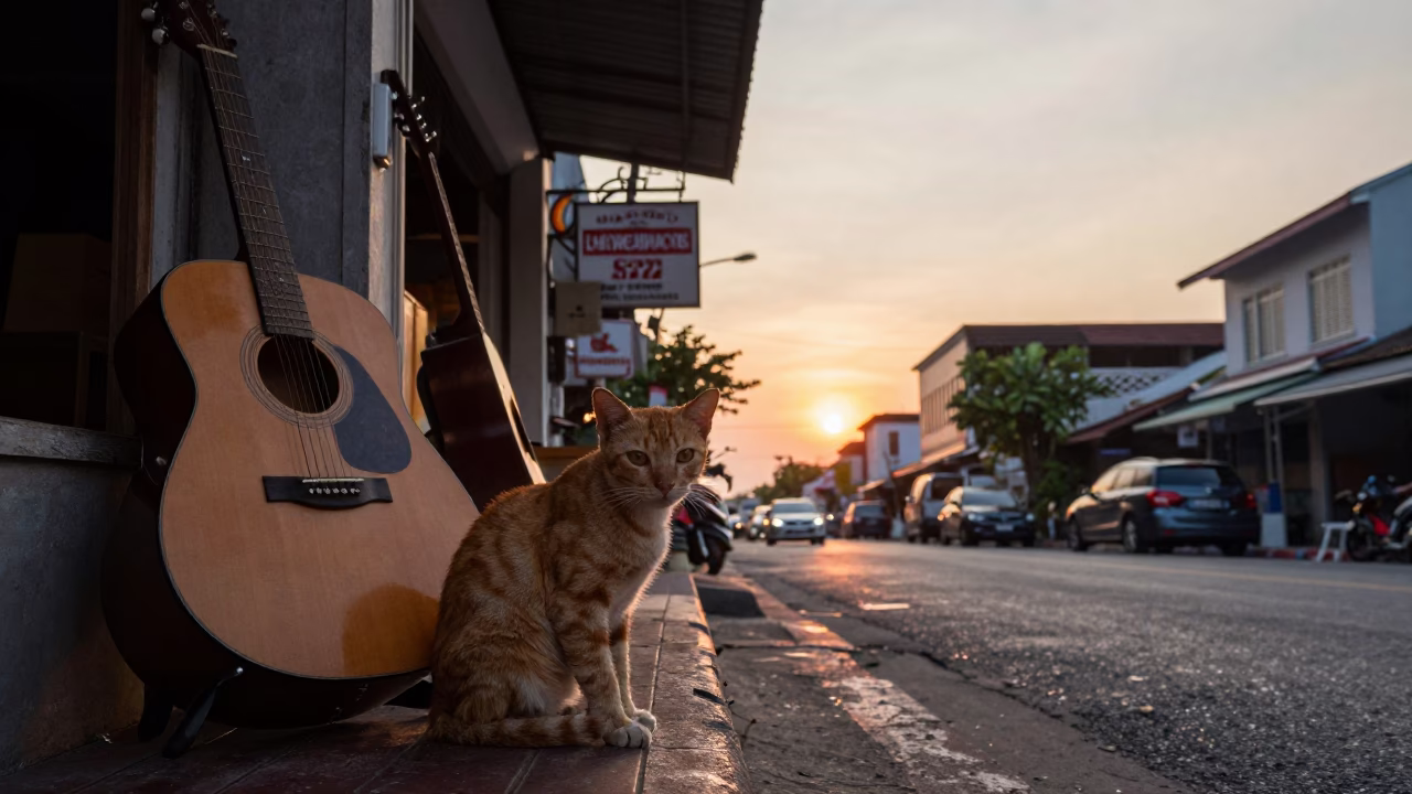 Street Scene in Phuket at As The Sun Drops Toward The Horizon in in Phuket, Thailand
