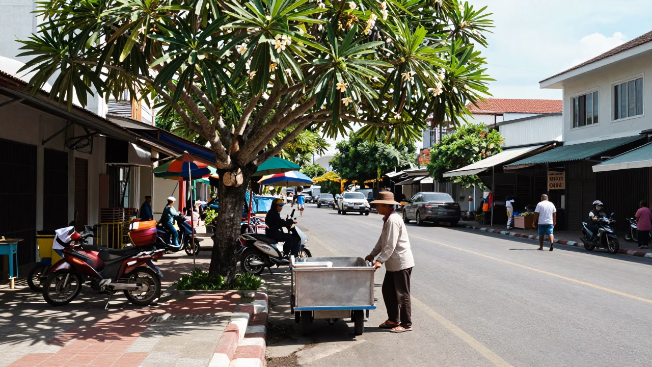 Street Scene in Phuket at Bright Midmorning Light in in Phuket, Thailand