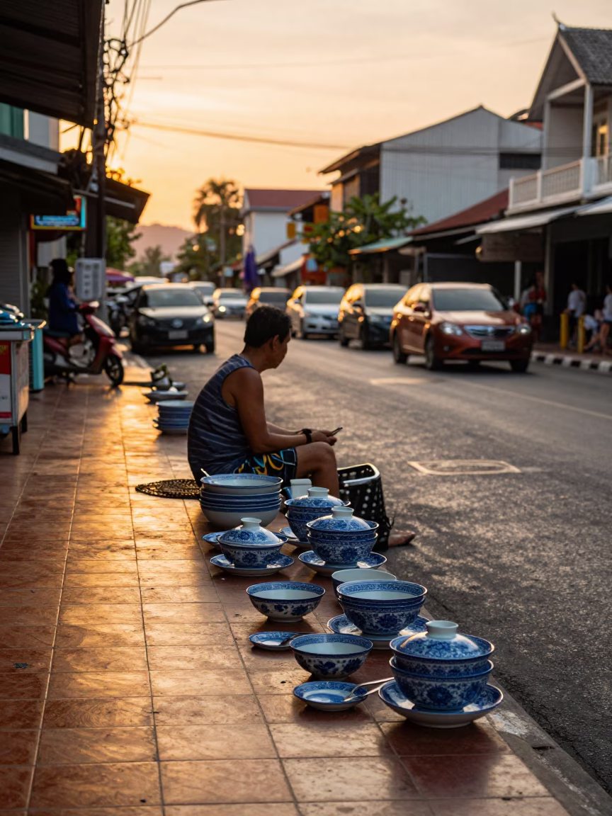 Street Scene in Phuket at Honeyed Evening Light in in Phuket, Thailand