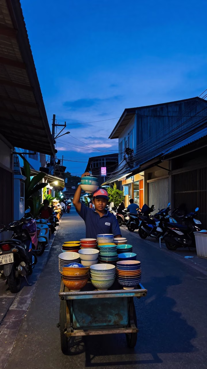 Street Scene in Phuket at Indigo Twilight After Sunset in in Phuket, Thailand