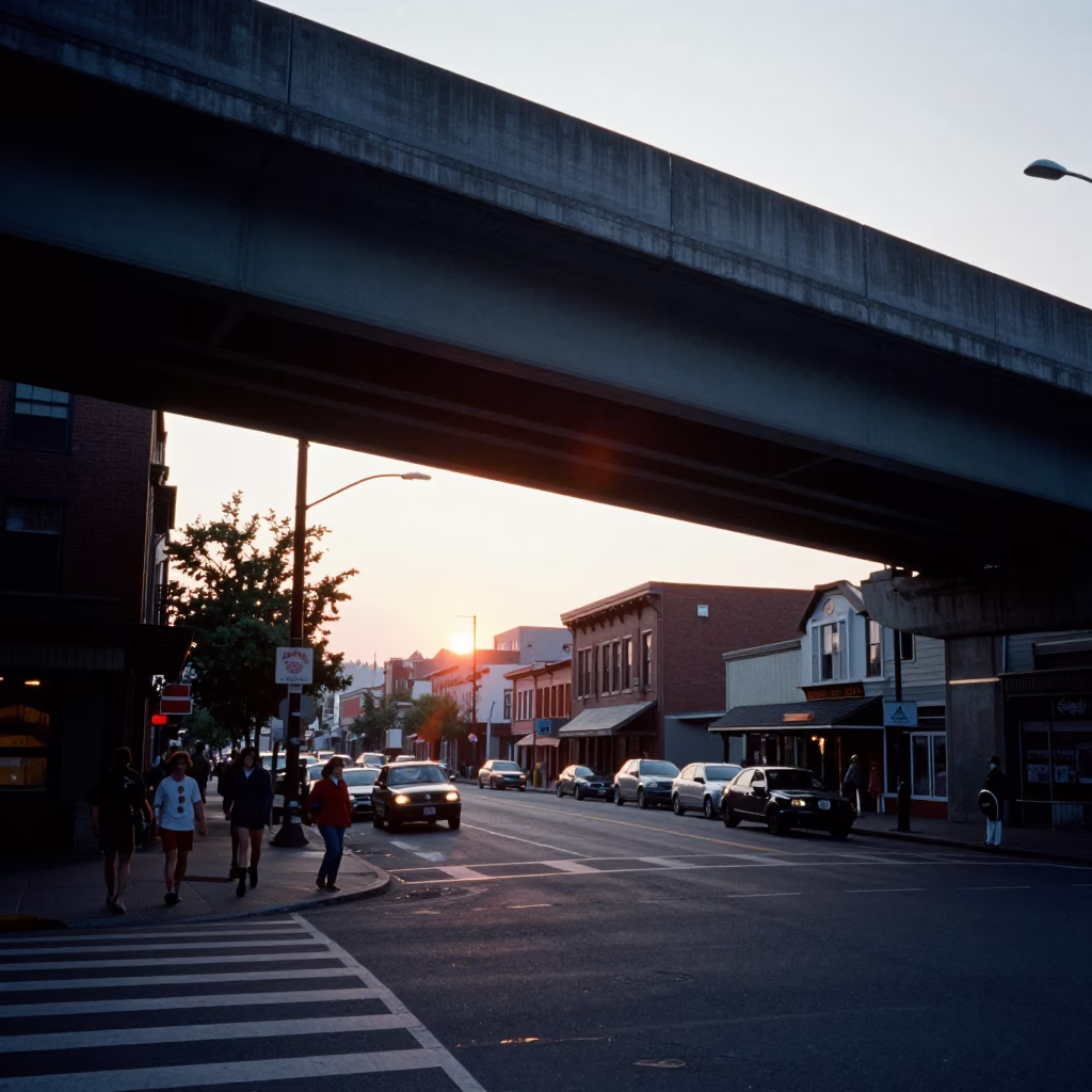 Street Scene in Portland at As The Sun Drops Toward The Horizon in in Portland, Oregon, United States