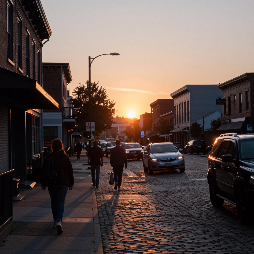 Street Scene in Portland at As The Sun Drops Toward The Horizon in in Portland, Oregon, United States