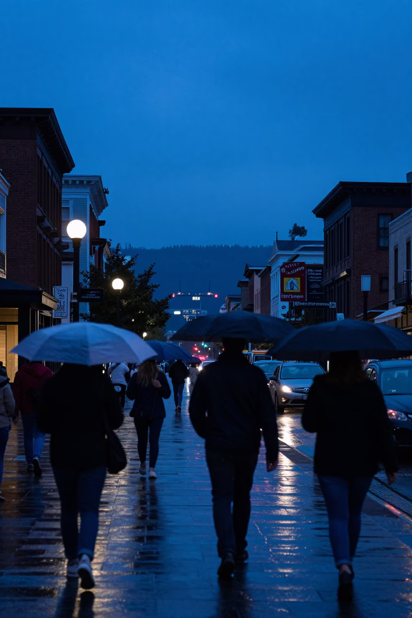 Street Scene in Portland at Indigo Twilight After Sunset in in Portland, Oregon, United States
