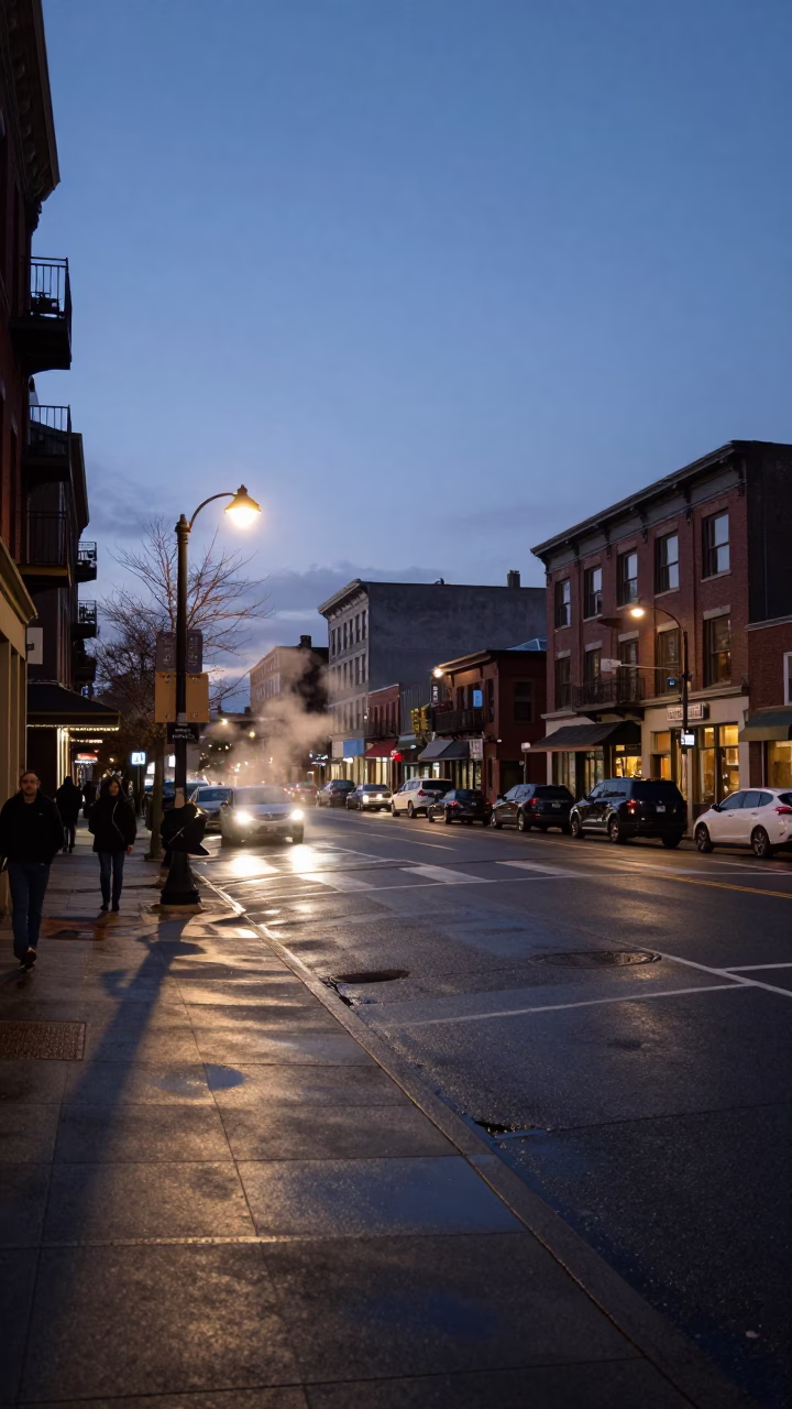 Street Scene in Portland at Indigo Twilight After Sunset in in Portland, Oregon, United States
