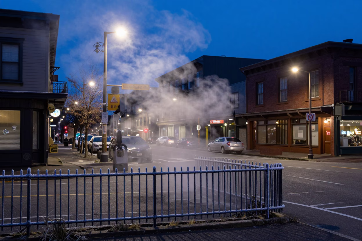 Street Scene in Portland at Indigo Twilight After Sunset in in Portland, Oregon, United States