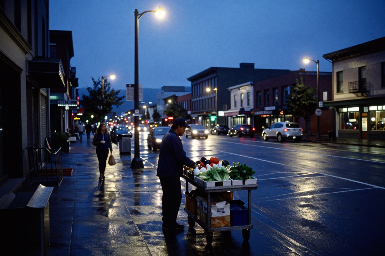 Street Scene in Portland at Indigo Twilight After Sunset in in Portland, Oregon, United States