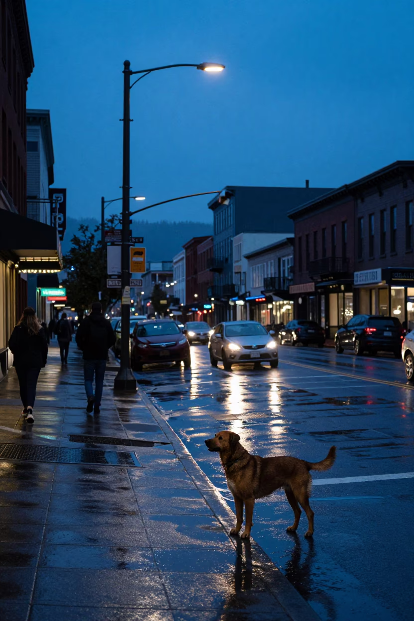 Street Scene in Portland at Indigo Twilight After Sunset in in Portland, Oregon, United States