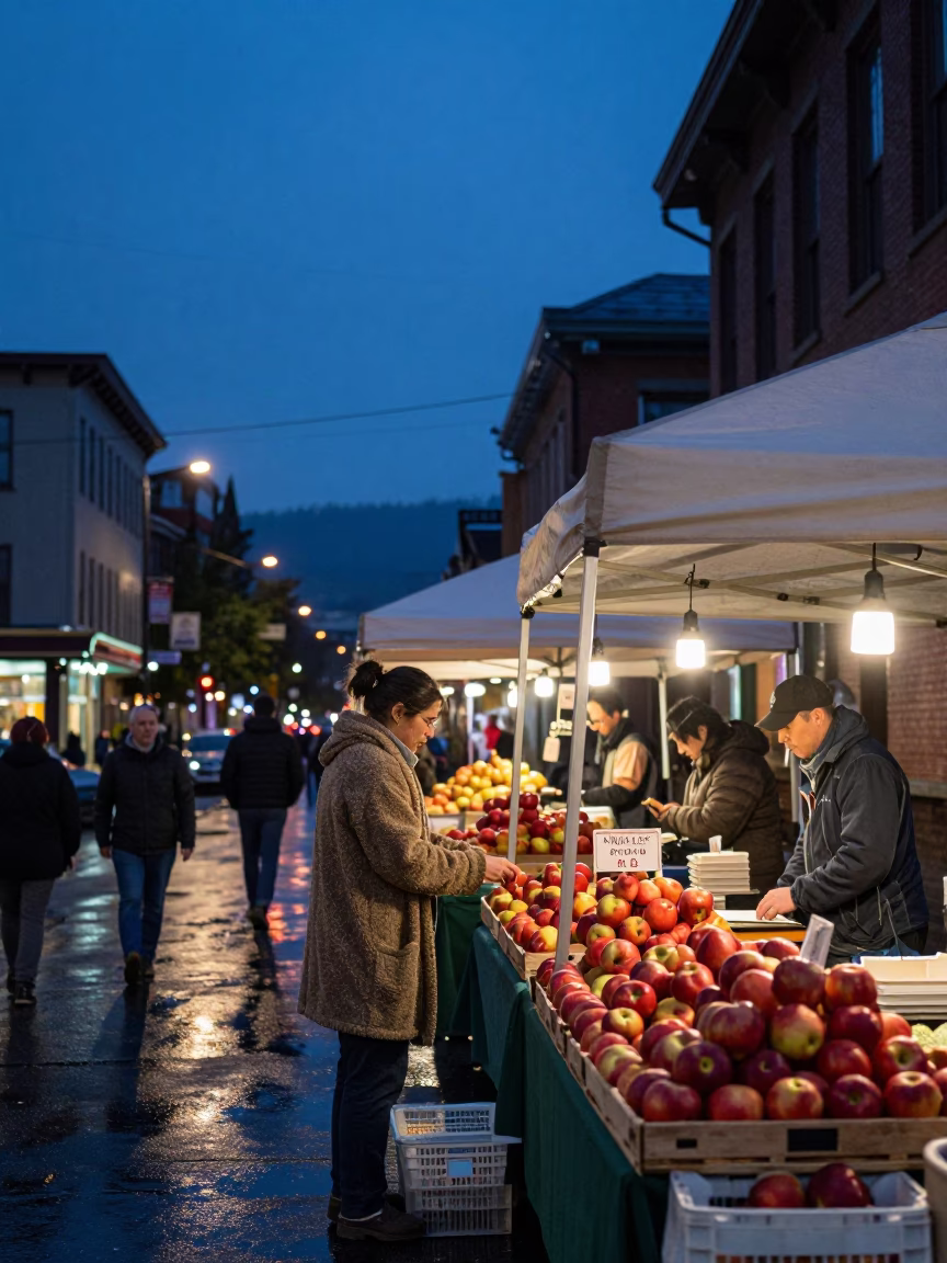 Street Scene in Portland at Indigo Twilight After Sunset in in Portland, Oregon, United States