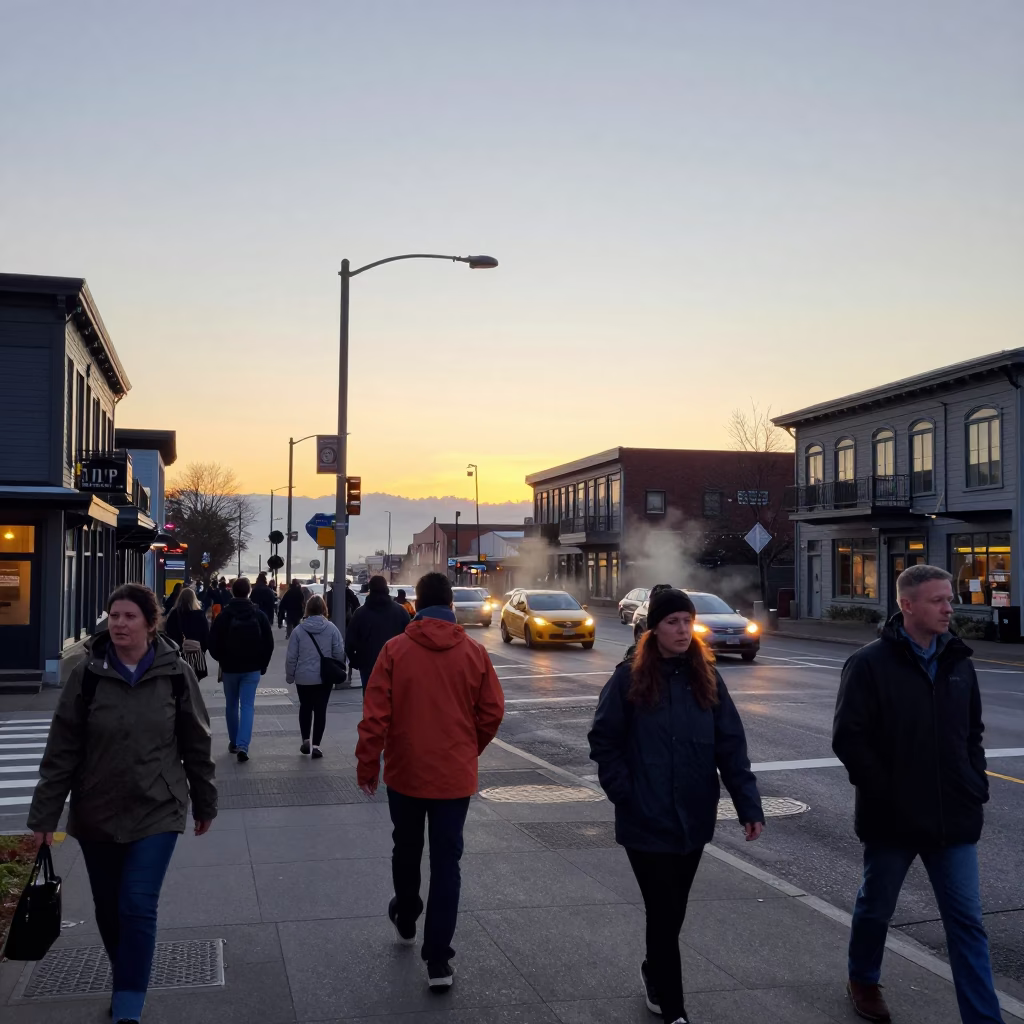 Street Scene in Portland at Nautical Dawn Light in in Portland, Oregon, United States