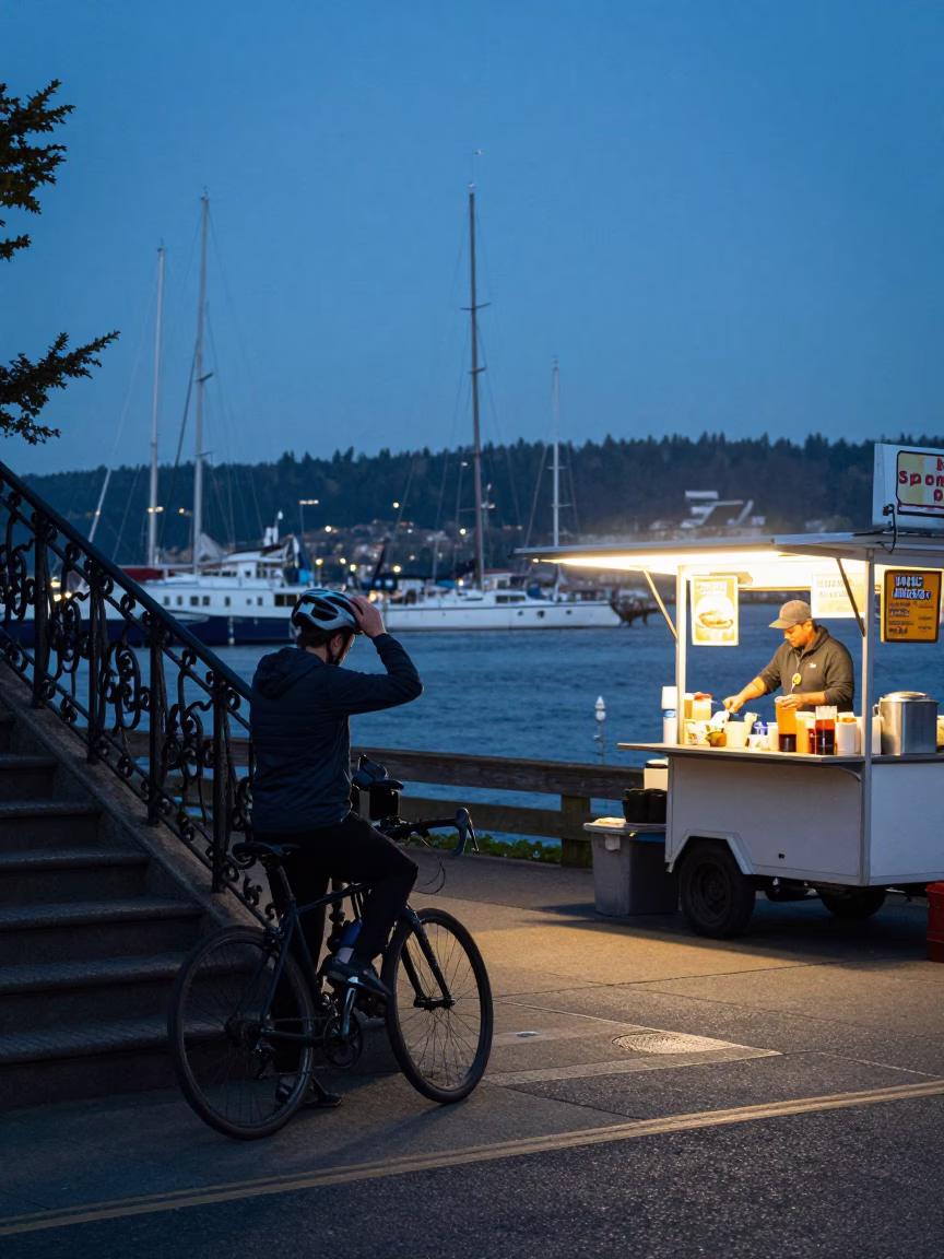Street Scene in Portland at Nautical Dawn Light in in Portland, Oregon, United States