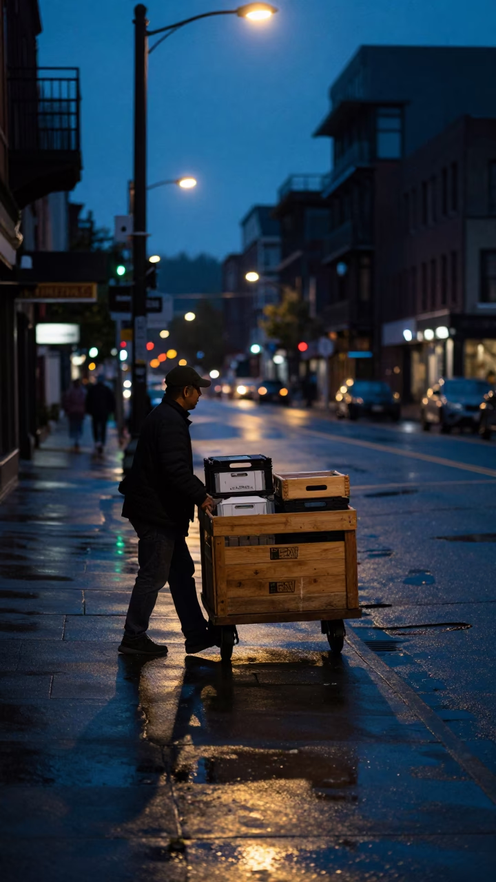 Street Scene in Portland at The Predawn Darkness Light in in Portland, Oregon, United States