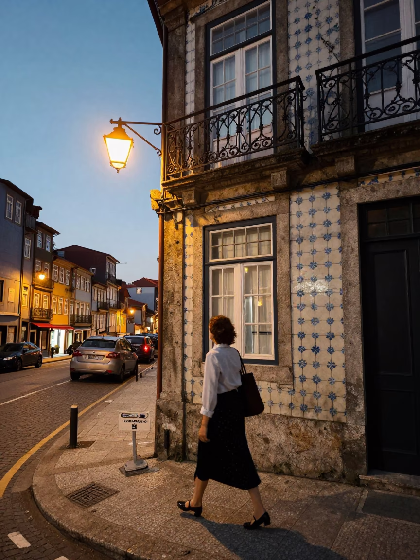 Street Scene in Porto at As City Lights Begin To Glow in in Porto, Portugal