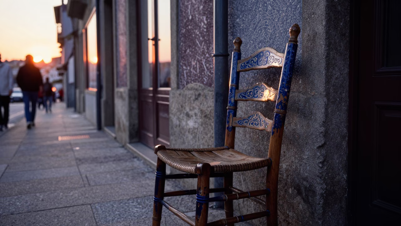 Street Scene in Porto at As The Sun Drops Toward The Horizon in in Porto, Portugal