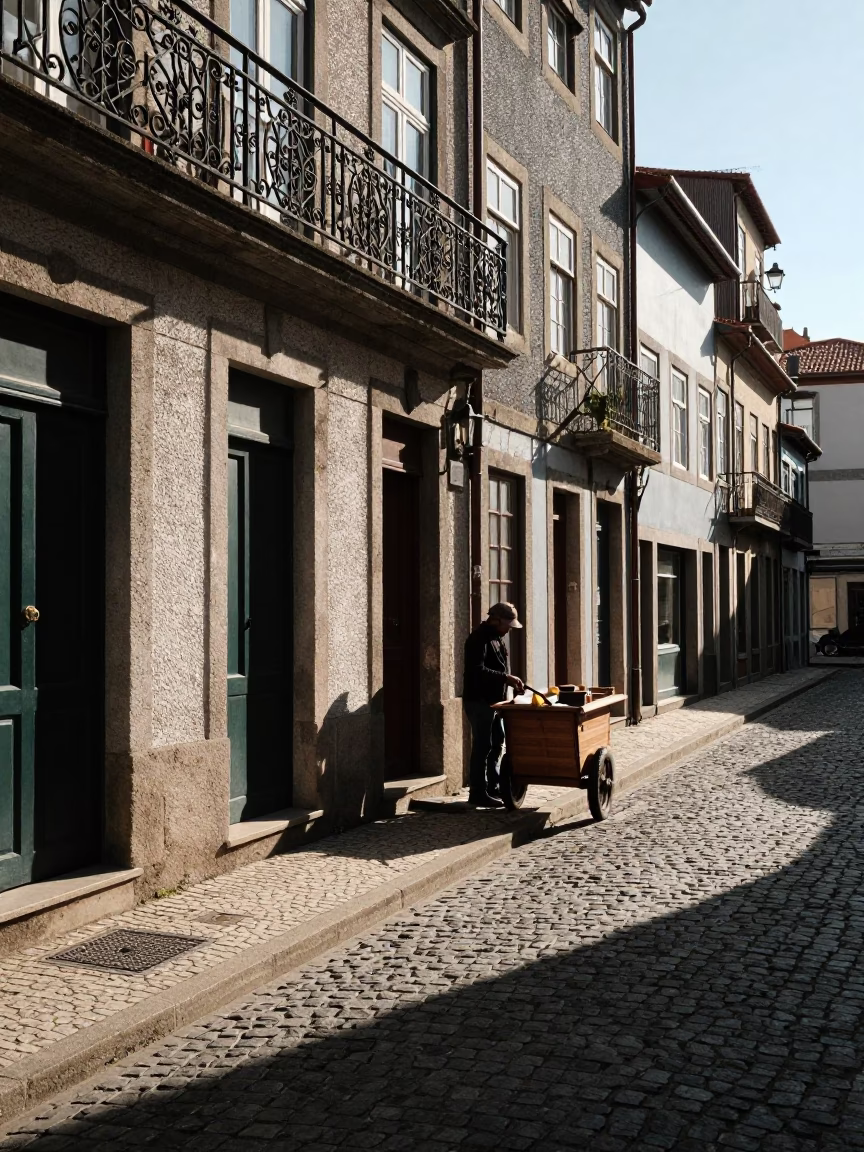 Street Scene in Porto at Clear Late-afternoon Light in in Porto, Portugal