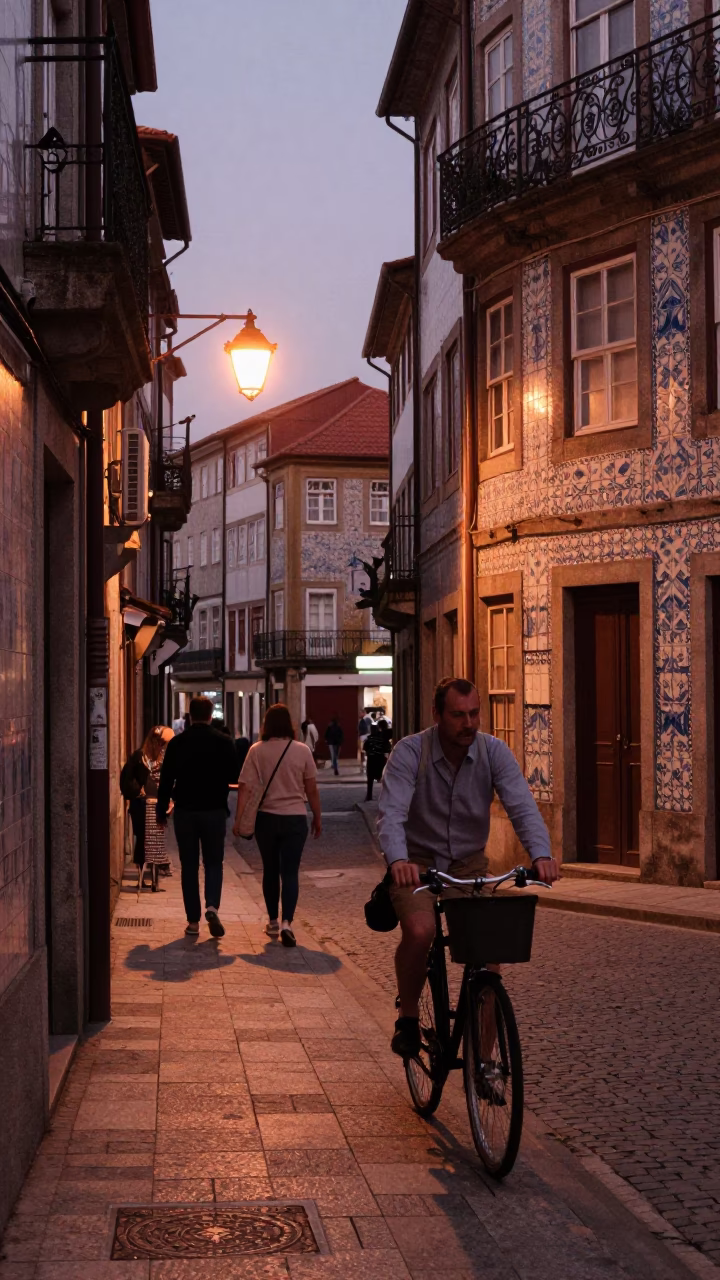 Street Scene in Porto at Copper-toned Light Before Dusk in in Porto, Portugal