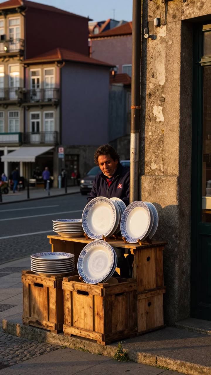 Street Scene in Porto at Honeyed Evening Light in in Porto, Portugal