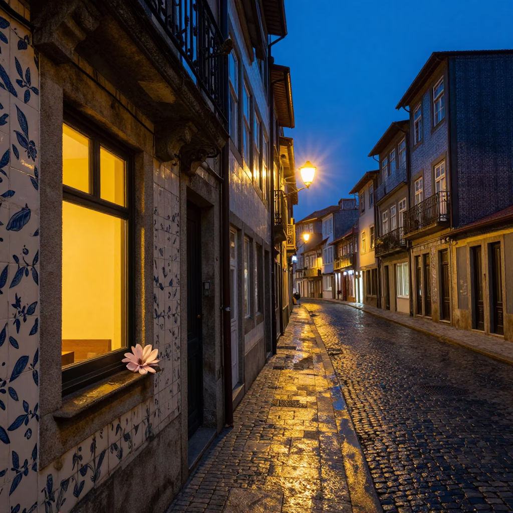 Street Scene in Porto at Indigo Twilight After Sunset in in Porto, Portugal