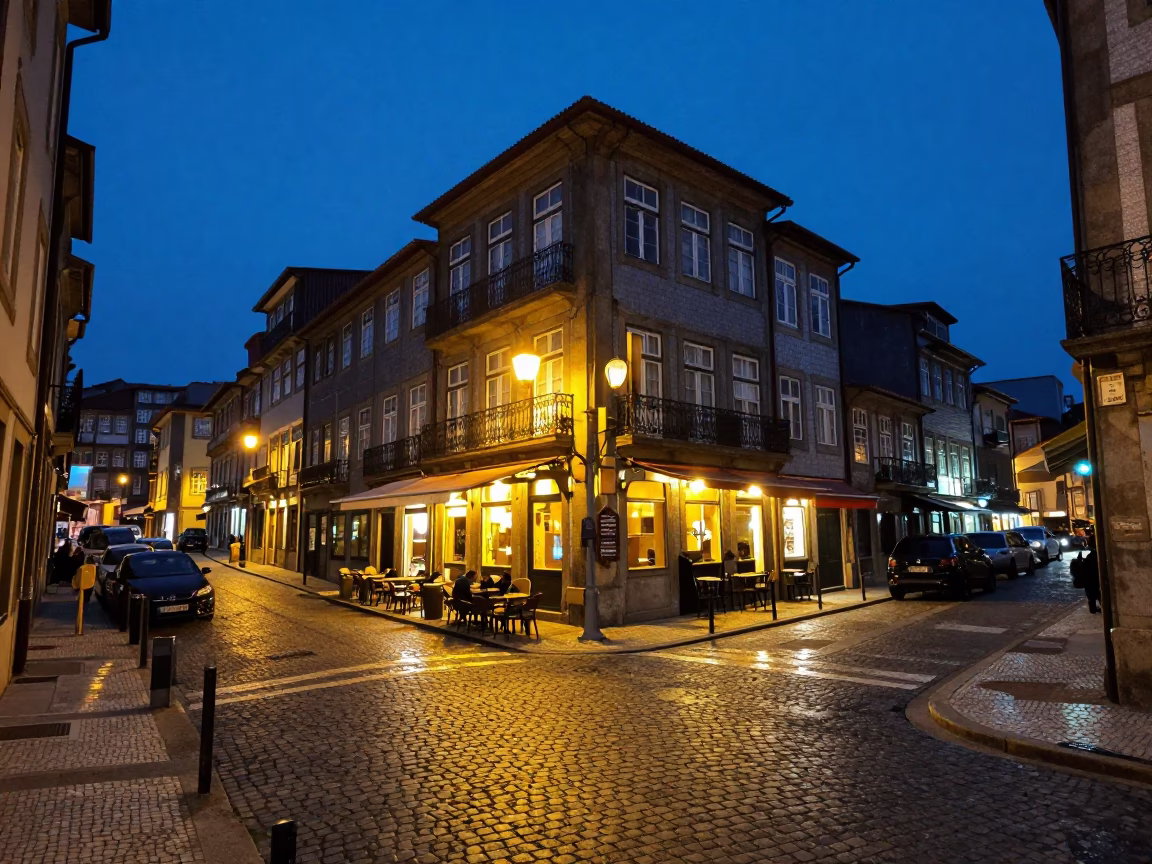 Street Scene in Porto at Indigo Twilight After Sunset in in Porto, Portugal
