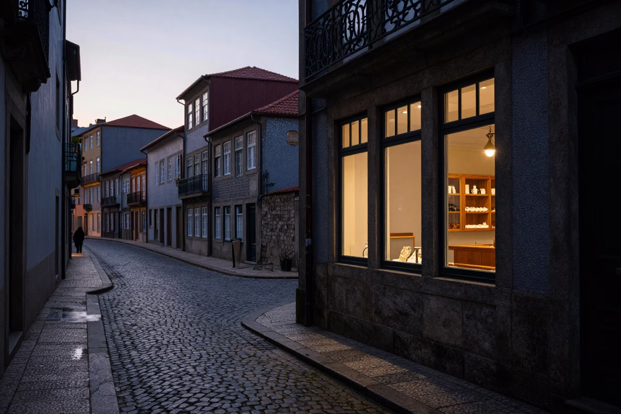 Street Scene in Porto at Sunrise Light in in Porto, Portugal