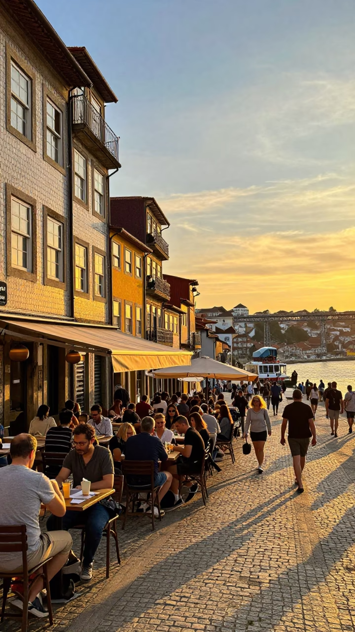 Street Scene in Porto at Sunset Light in in Porto, Portugal
