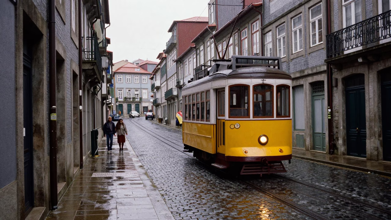 Street Scene in Porto at The Early Afternoon Light in in Porto, Portugal