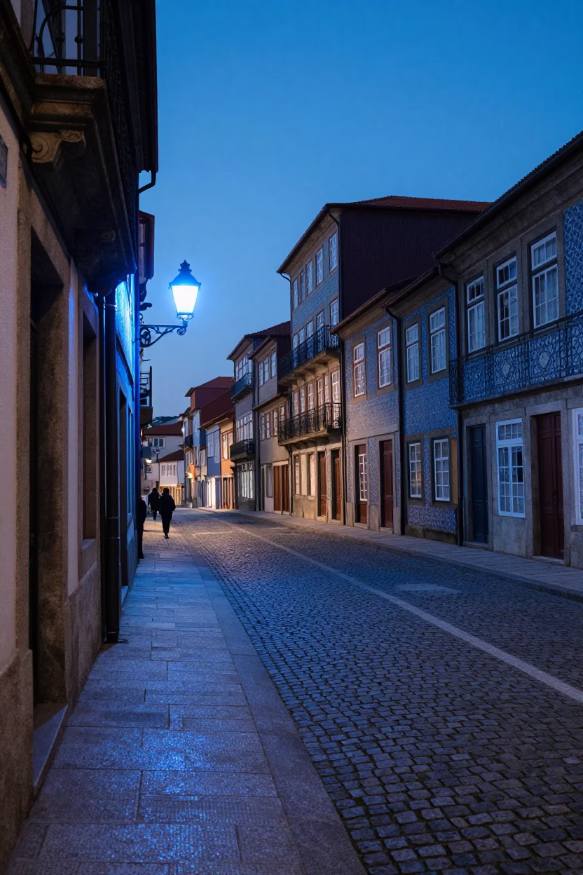 Street Scene in Porto at The Last Blue Light Of Evening in in Porto, Portugal