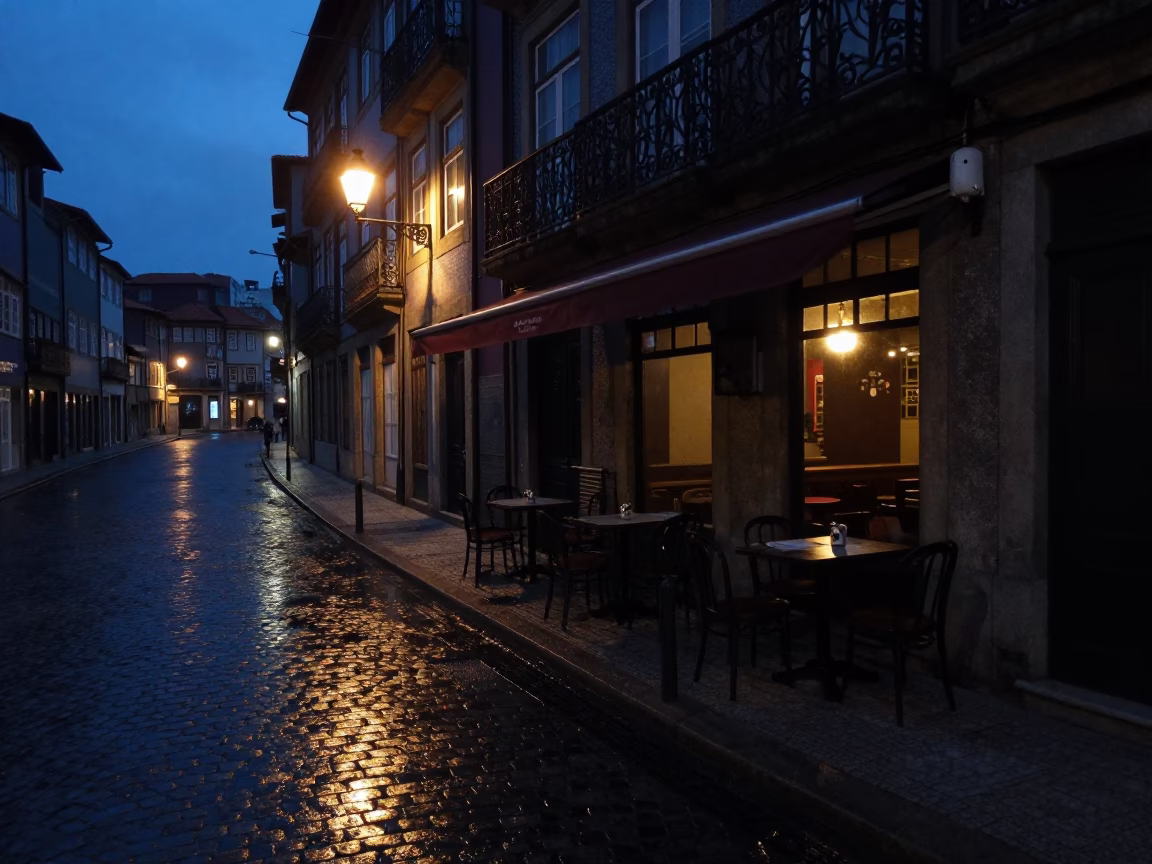 Street Scene in Porto at The Predawn Darkness Light in in Porto, Portugal